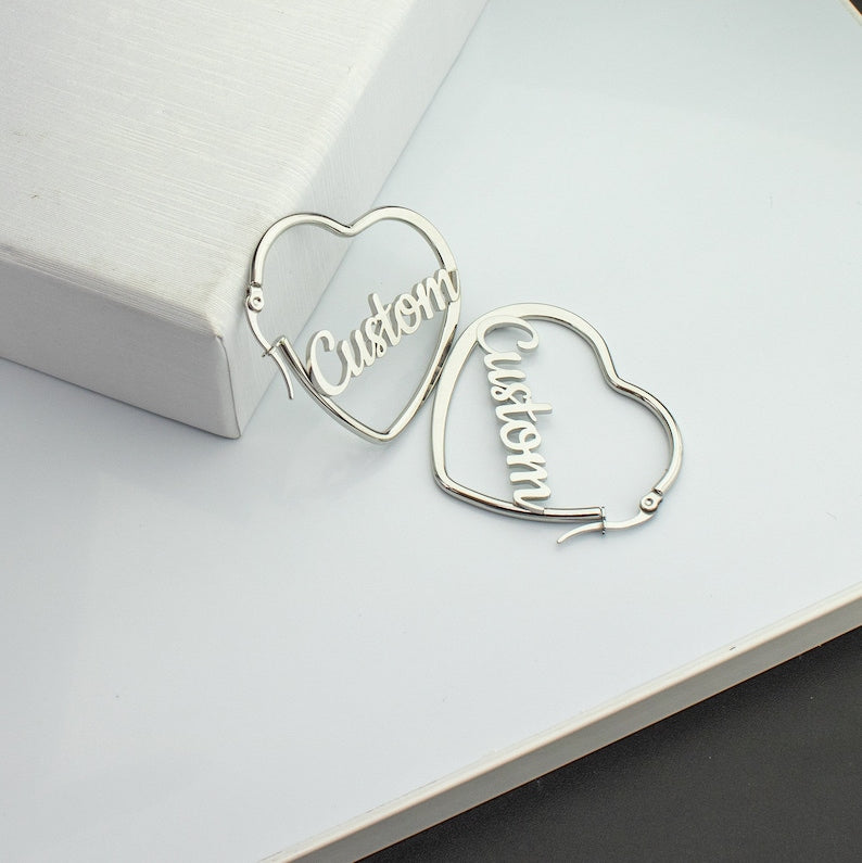 Custom Hoop Name Earrings, Heart-shaped