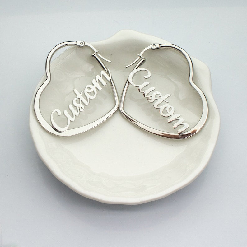 Custom Hoop Name Earrings, Heart-shaped