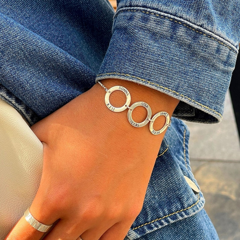 Silver Mom Bracelet with Kids Names & Birthday