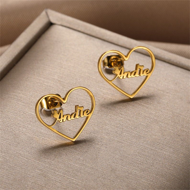 Custom Name Heart Stud Earrings