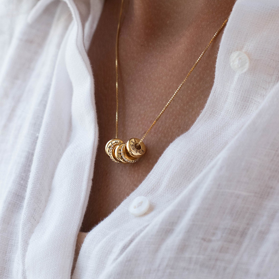 Personalized Zircon Beaded Pendant Necklace, Engraved Name Disc