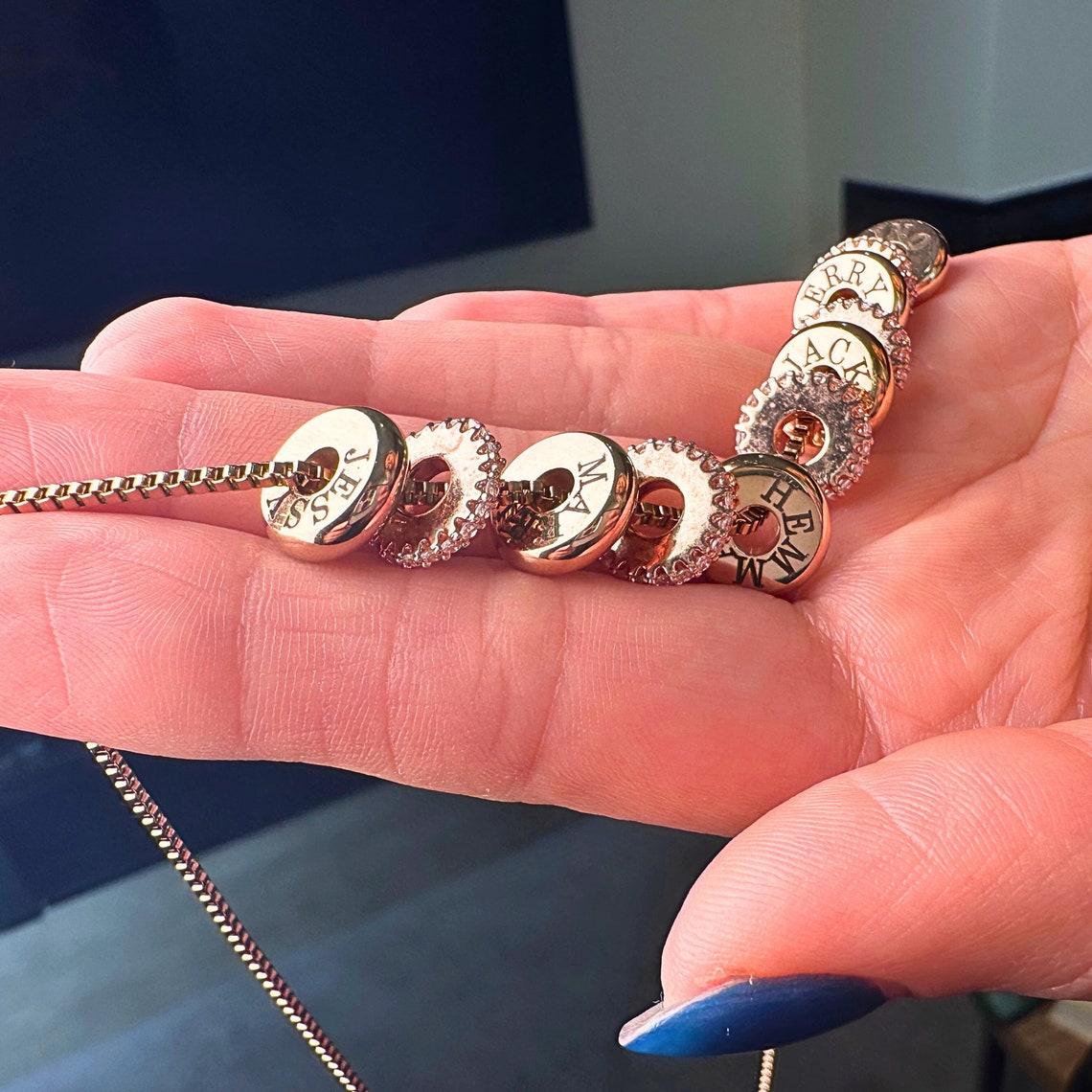 Personalized Zircon Beaded Pendant Necklace, Engraved Name Disc