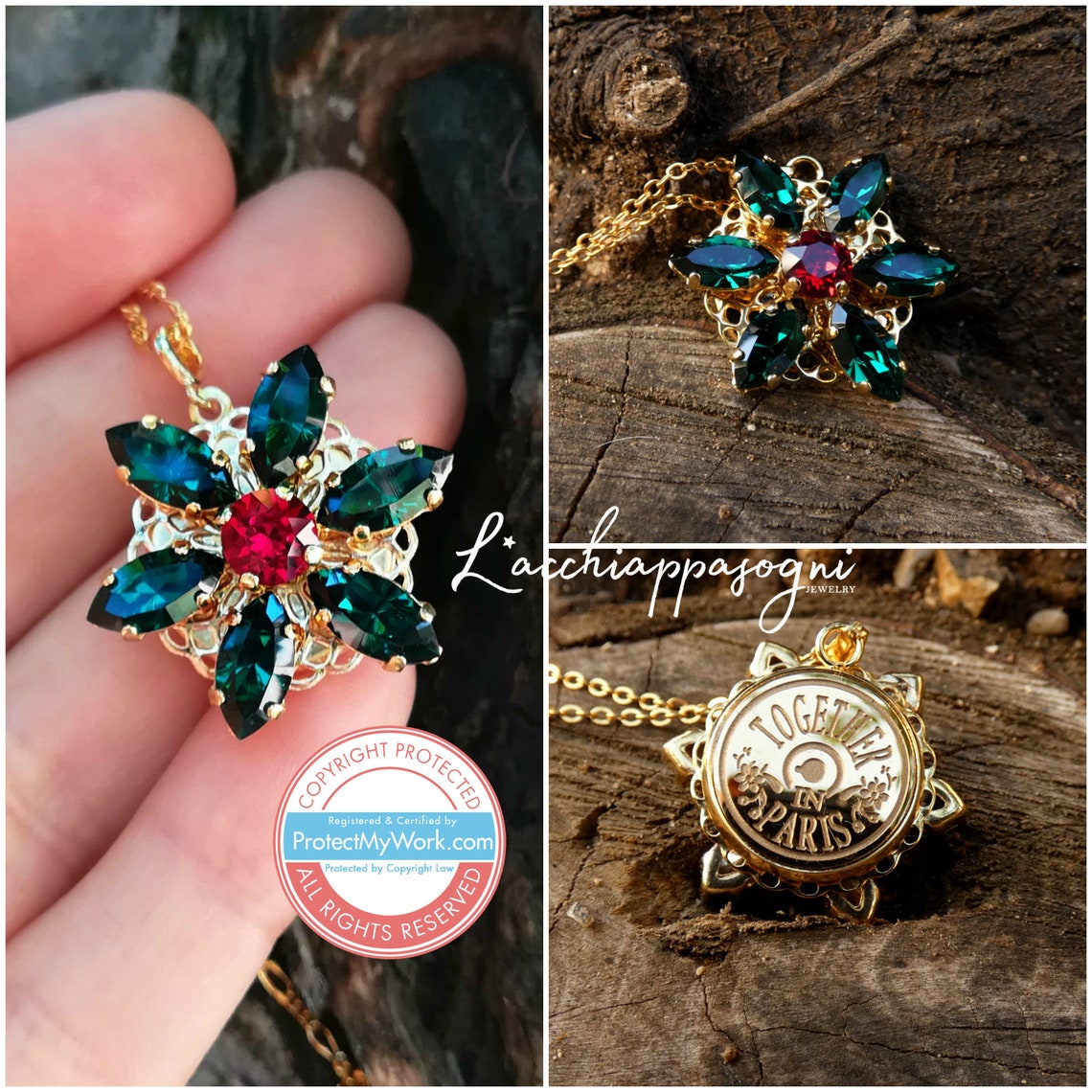 Anastasia inspired ENGRAVED Necklace Together in Paris EMERALD