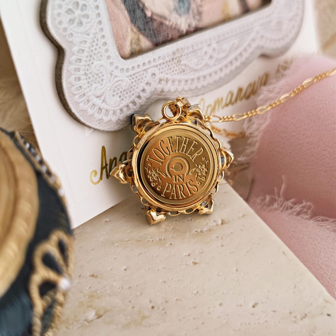 Anastasia inspired ENGRAVED Necklace Together in Paris EMERALD