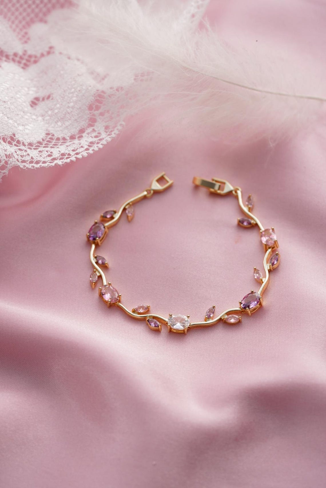 Leaf Cubic Zirconia Stone Gold Bracelet Bridesmaid