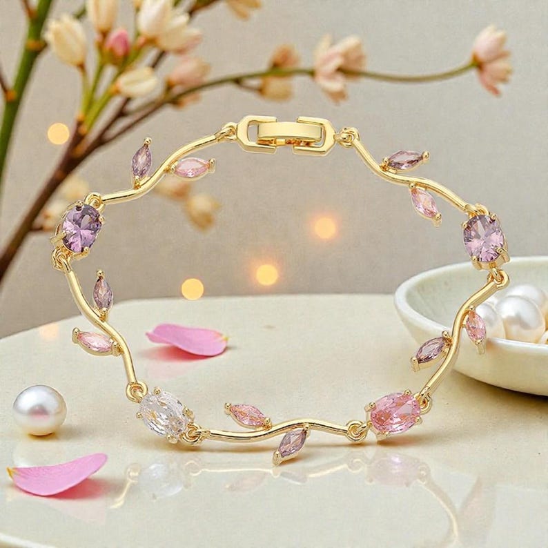 Leaf Cubic Zirconia Stone Gold Bracelet Bridesmaid