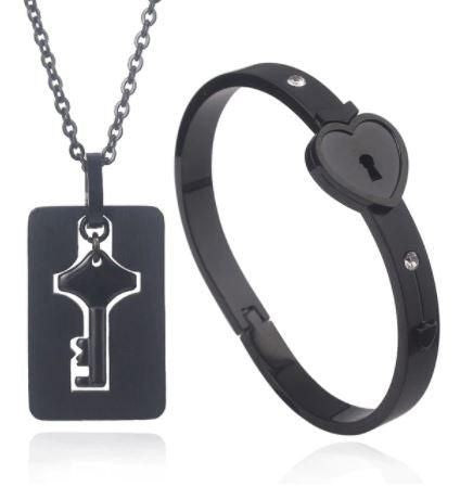 Heart Lock Key Bracelet Black