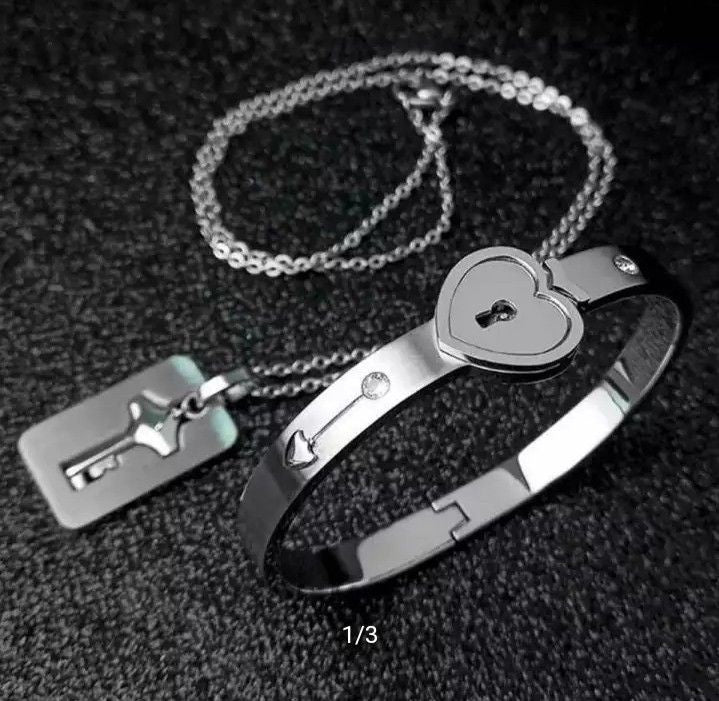 Heart Lock Key Bracelet Silver