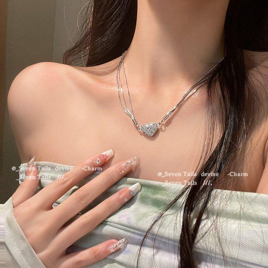 Magnetic 3 Layer Love Heart Shape Rhinestone Silvery Necklace Women Fashion Gift