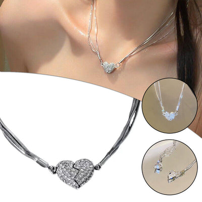 Magnetic 3 Layer Love Heart Shape Rhinestone Silvery Necklace Women Fashion Gift